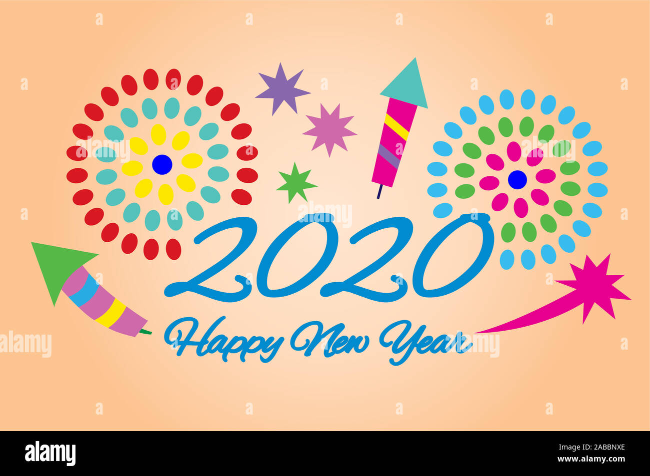 Happy New Year Card. Inscription Happy New Year 2020 and fireworks in vector illustration. Stock Photo