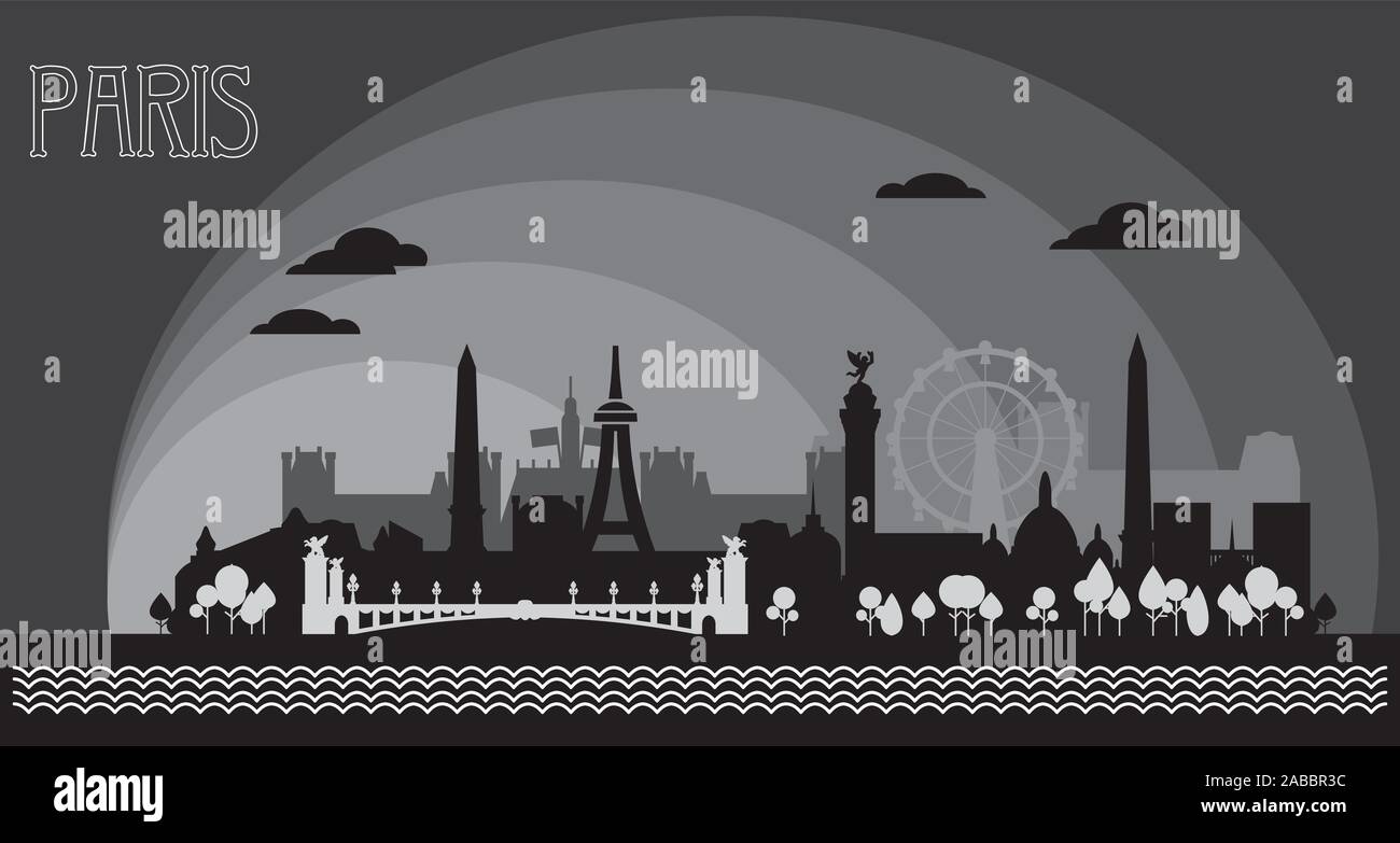 Panoramic monochrome Paris City Skyline silhouette vector Illustration ...