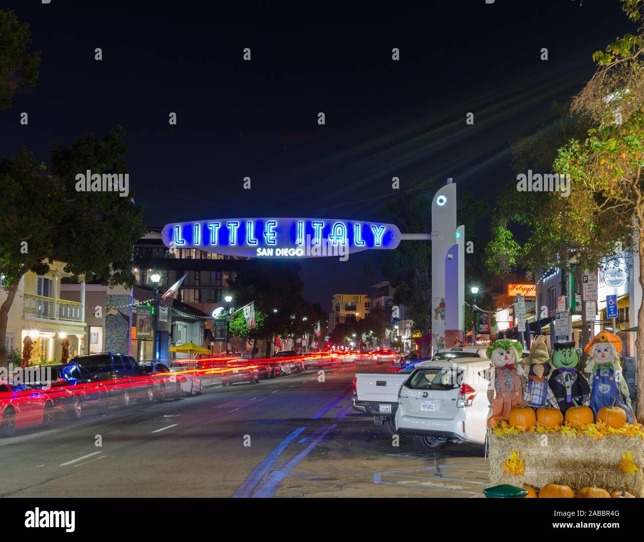 Blurred lights from traffic on India Street in Little Italy, San Diego