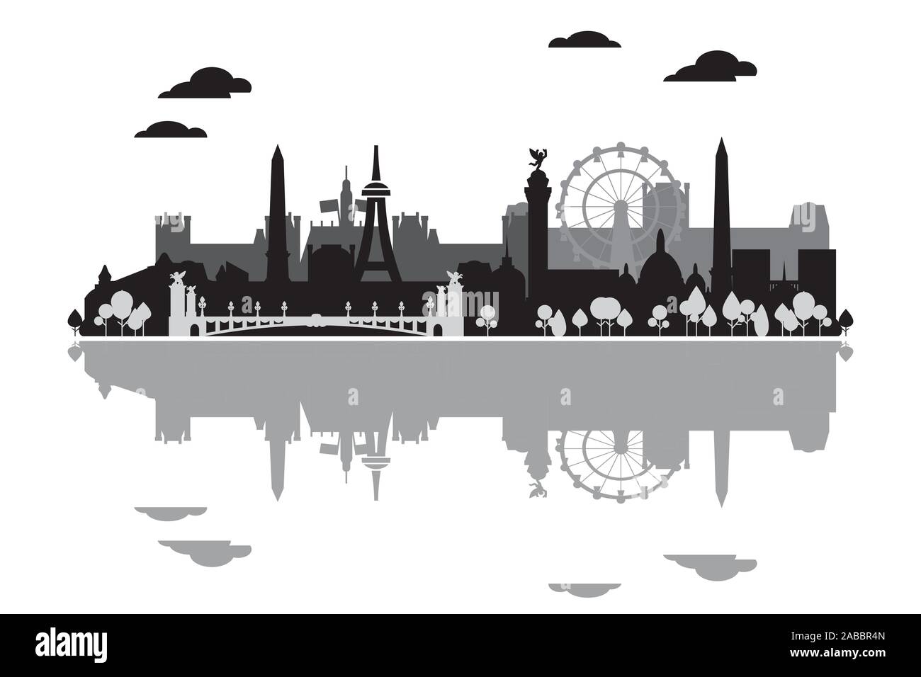 Monochrome Paris skyline silhouette with reflection in water. Vector illustration in black and grey colors isolated on white background. Panoramic vec Stock Vector