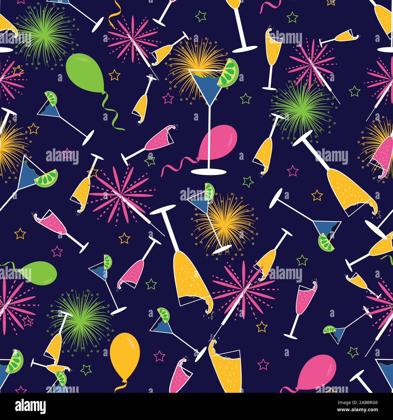 Cute party vector seamless pattern background with colourful drinks,fireworks and balloons. Stock Vector