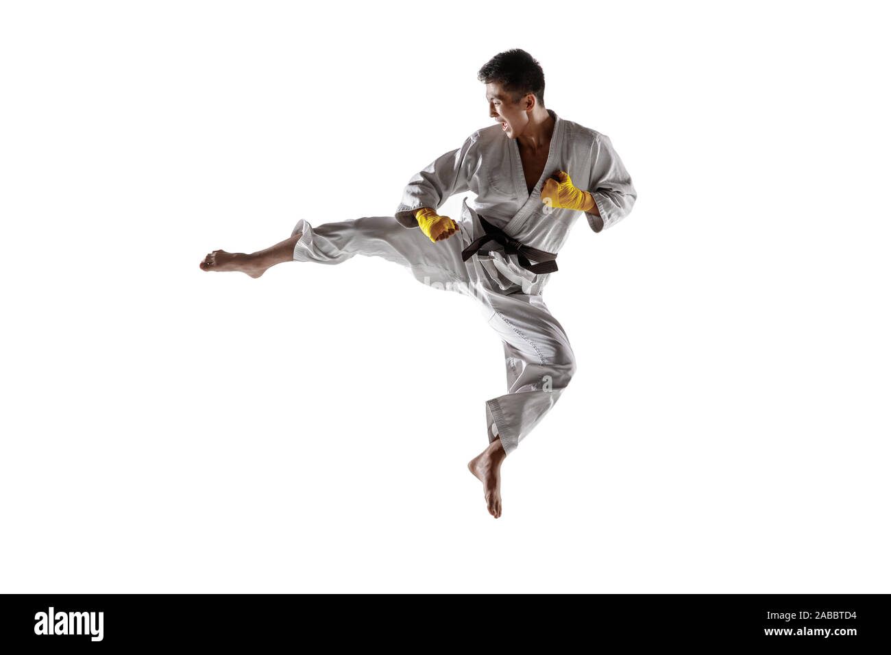 A Man, In A Black Kimono Is Practicing Martial Arts Technique With A Long  Bamboo Fighting Stick. Stock Photo, Picture and Royalty Free Image. Image  91980191.