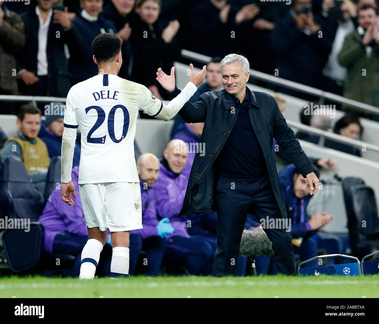 London Uk 26th Nov 2019 Tottenham Hotspur S Head Coach Jose Mourinho R Greets Dele Alli During The Uefa Champions League Group B Match Between Tottenham Hotspur And Olympiakos At The Tottenham Hotspur