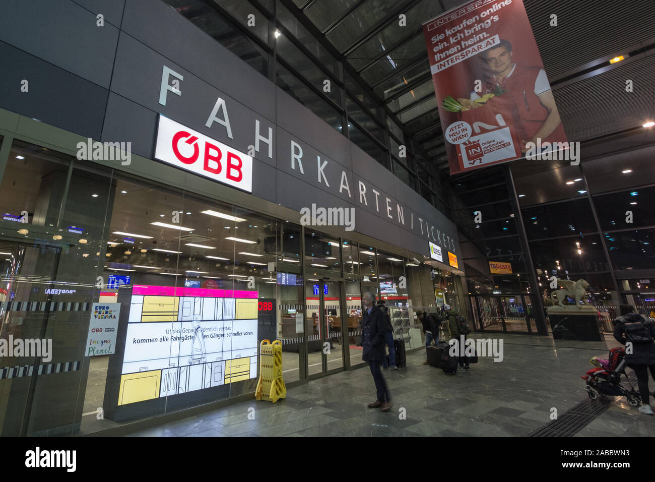 VIENNA, AUSTRIA - NOVEMBER 6, 2019: OBB logo in front of Wien Hauptbahnhof ticket counter, in the main railway station of Vienna. OBB is the main rail Stock Photo