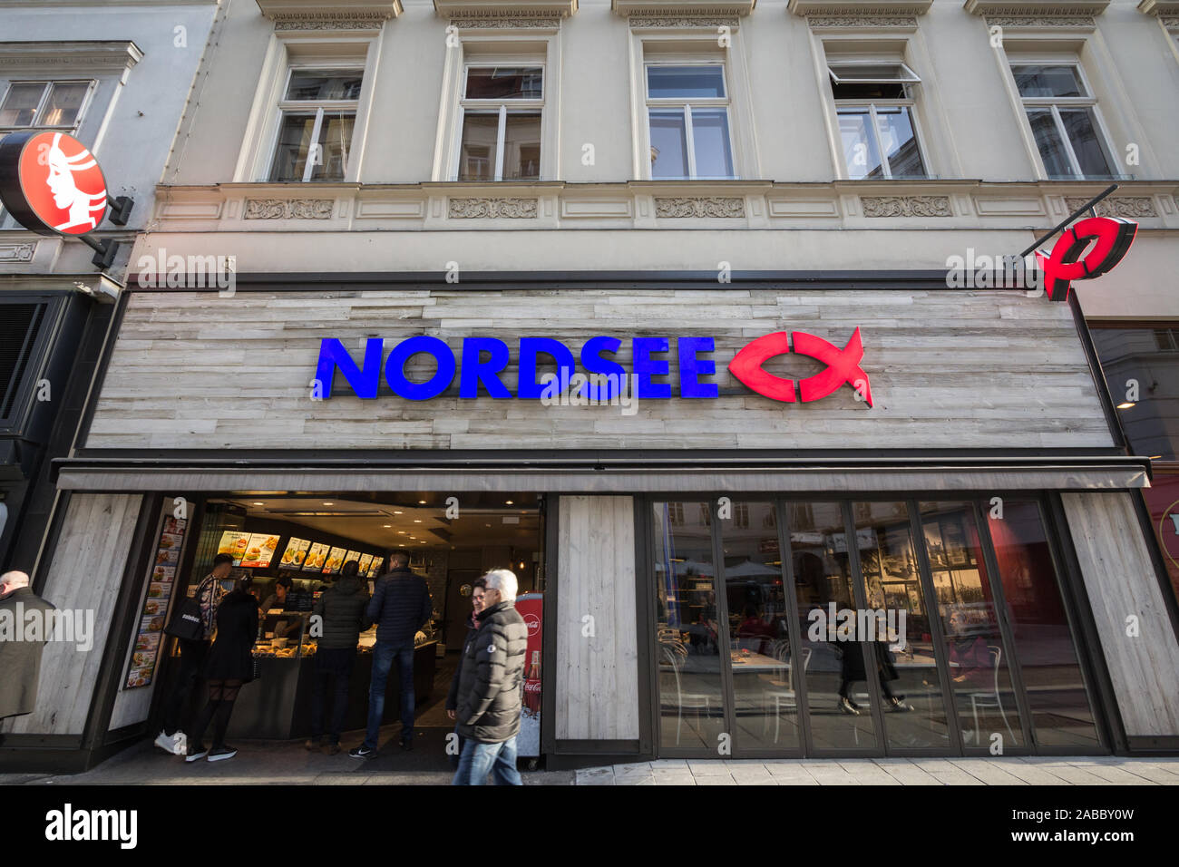 VIENNA, AUSTRIA - NOVEMBER 6, 2019: Nordsee logo on one of their restaurants in Vienna. Nordsee is a German chain of fast food restaurants specialized Stock Photo