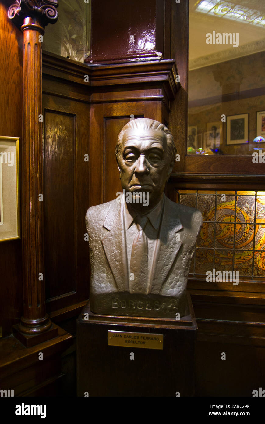 BUENOS AIRES, ARGENTINA-APRIL 7: statue of poets borges at cafe tortoni is a cafe notables in the avenida de mayo opened in the 1858, the oldest in to Stock Photo