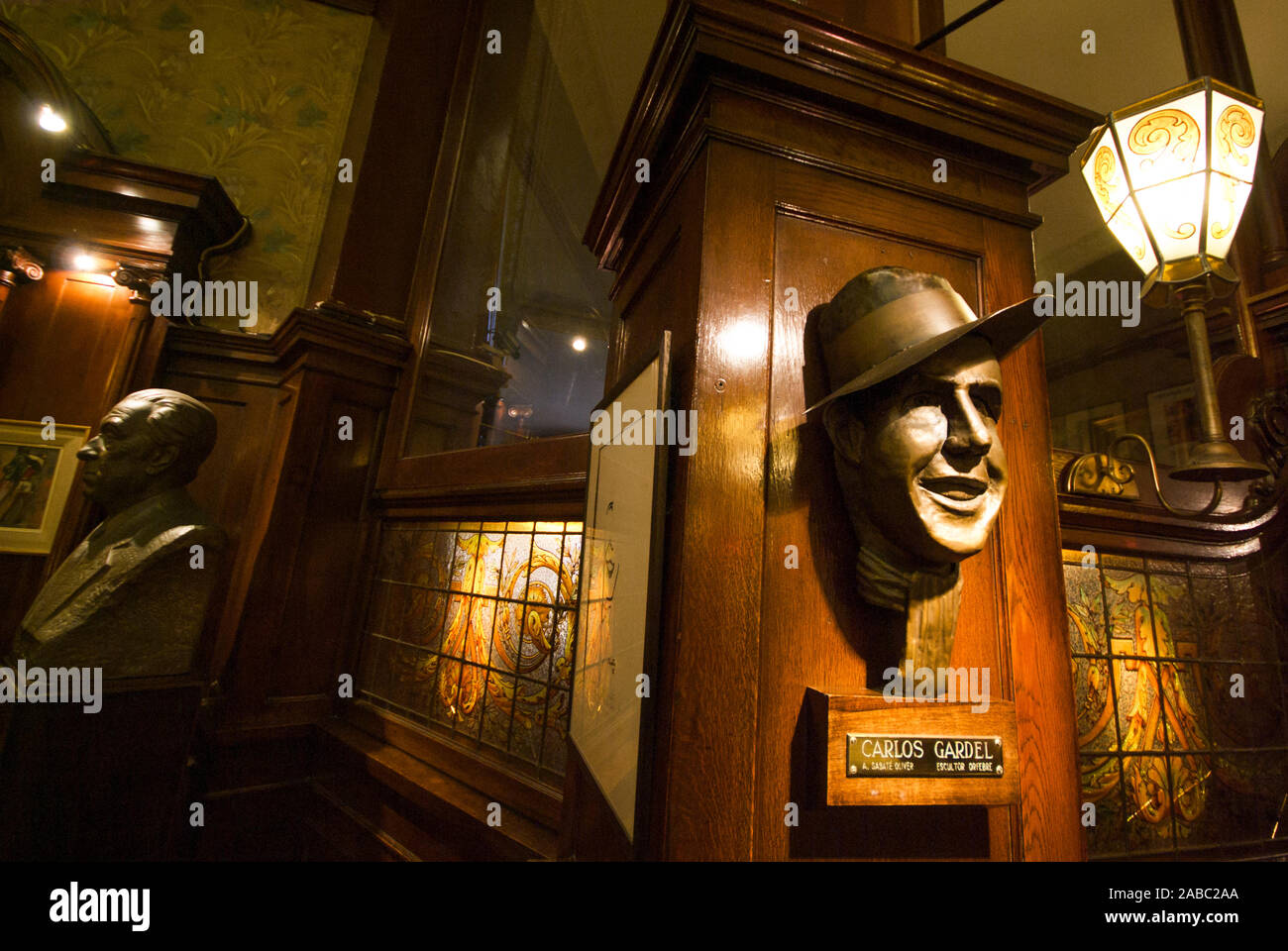 BUENOS AIRES, ARGENTINA-APRIL 7: carlos gardel tango singer statue at cafe tortoni ,cafe notables in the avenida de mayo opened in the 1858, the oldes Stock Photo