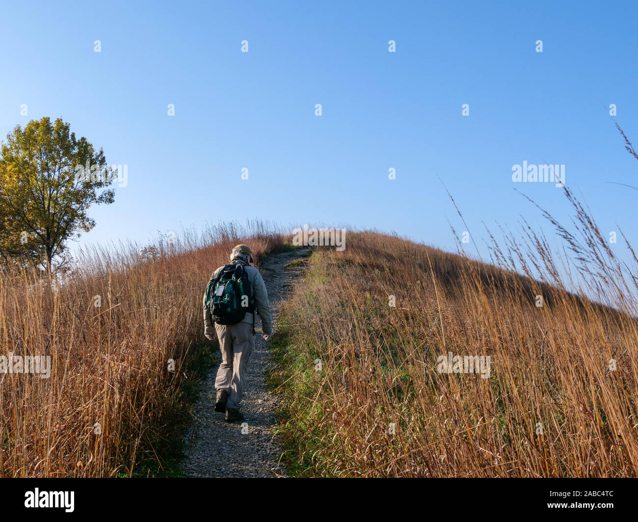 Hiker climbing Camelback Kame. Glacial Park, McHenry County, Illinois. A kame is a gravel deposit left by melting glaciers. Stock Photo