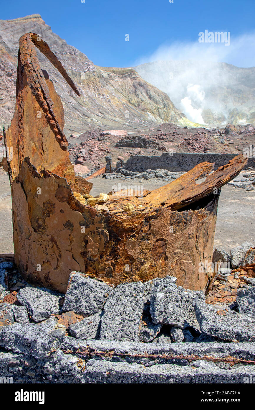 Remnants of a former sulphur mine on Whakaari (White Island) Stock Photo