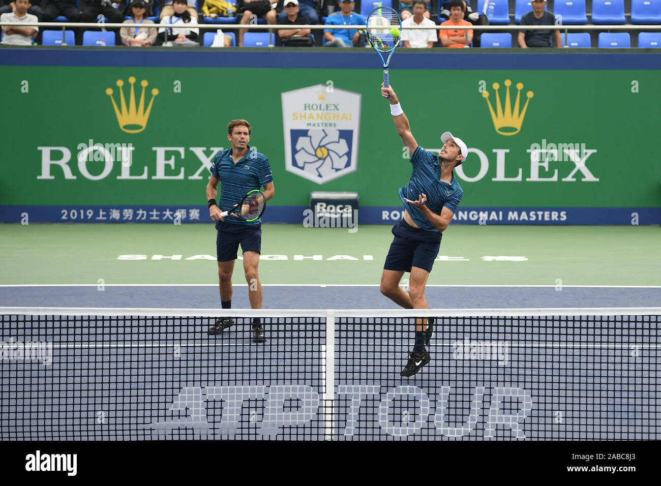 Nicolas Mahut of France and Edouard Roger-Vasselin of France compete against Rajeev Ram of the USA and Joe Salisbury of Brazil during the quarterfinal Stock Photo