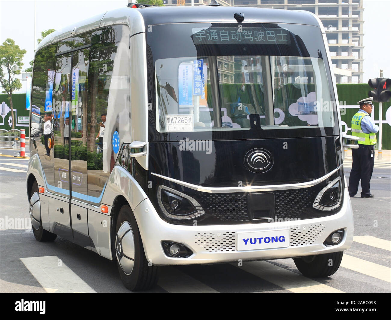 A self-driving car based on 5G technology and produced by Yutong, a Chinese manufacturer of commercial vehicles, especially electric buses, is tested Stock Photo