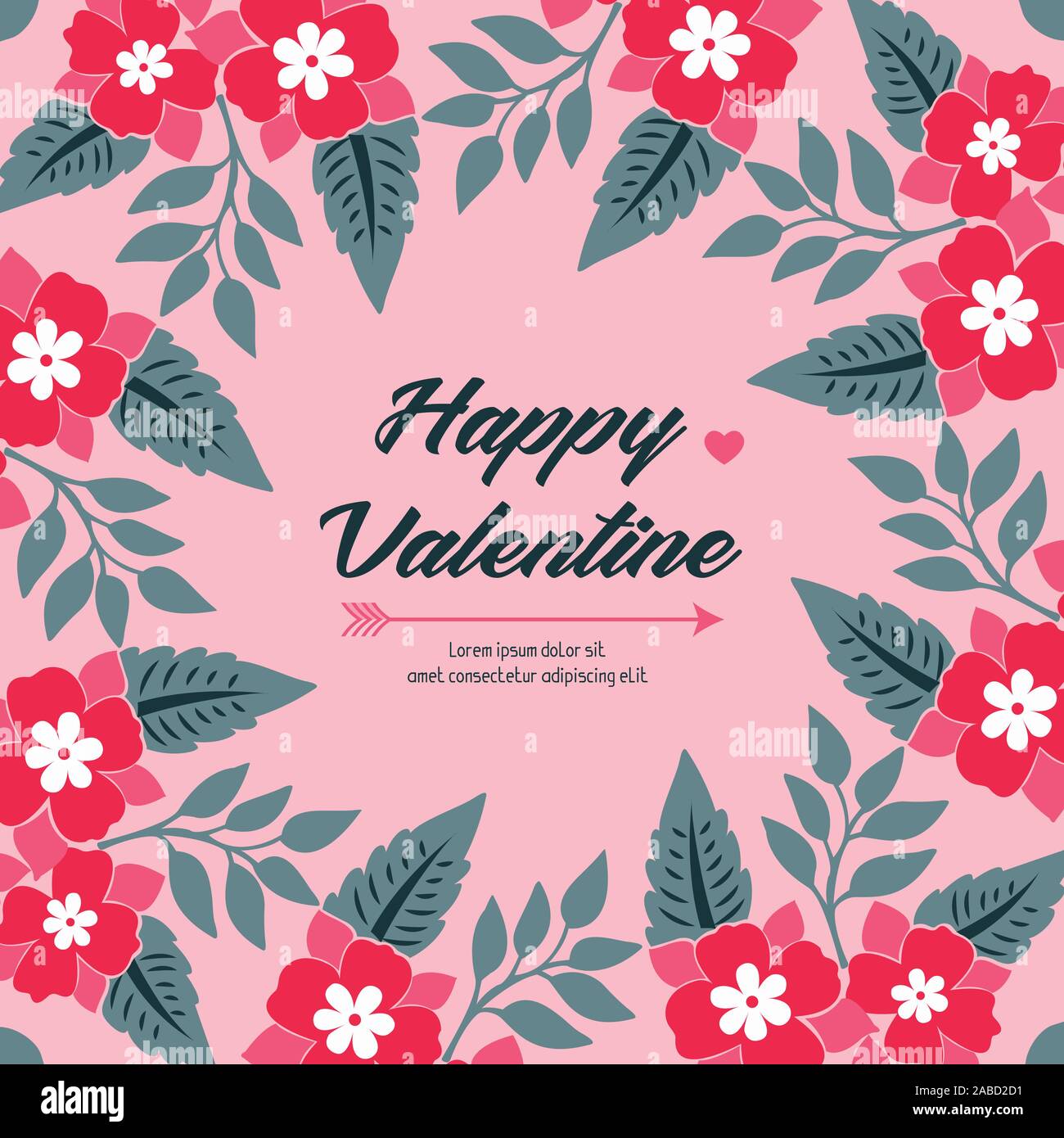Letter of happy valentine day with elegant pink wreath frame texture ...