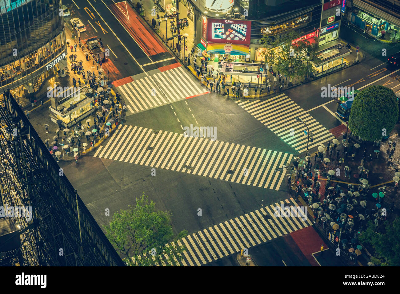 Pedestrian scramble crosswalk in Shibuya, Tokyo at night. It is famous to be one of the busiest crosswalks in the world Stock Photo