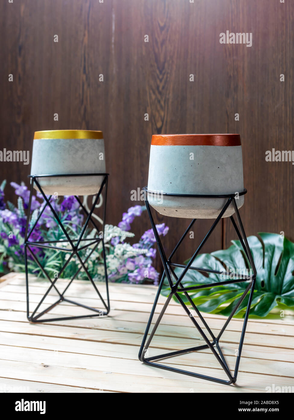 Cactus Pot Concrete Pot With Iron Stand Empty Modern Standing Planter With Flower And Palm Leaf On Wooden Table On Wooden Background Vertical Style Stock Photo Alamy