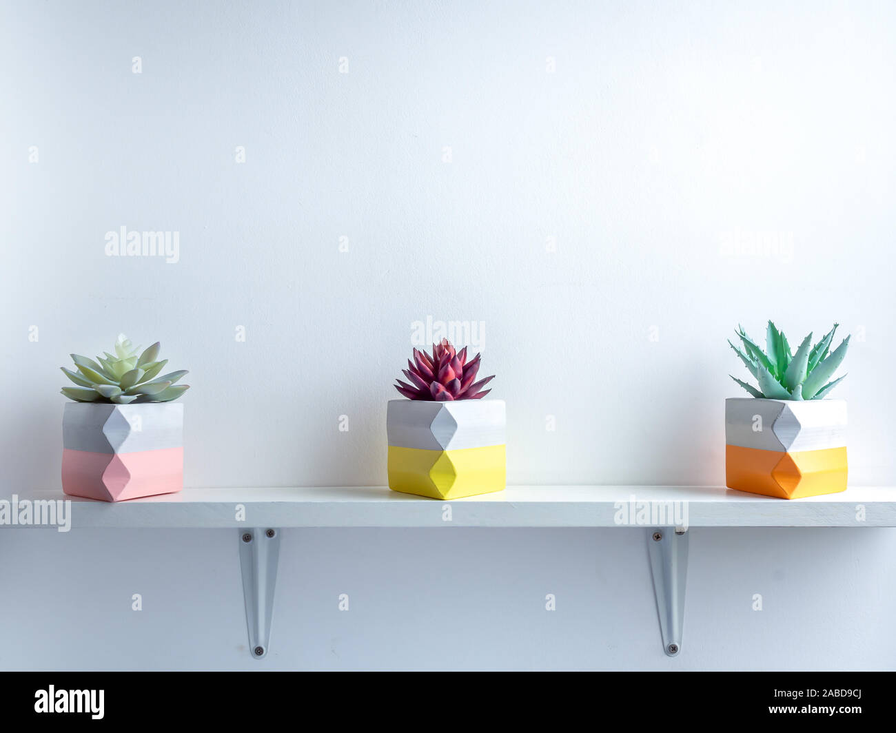 Cactus pot. Beautiful painted concrete pot. Red and green succulent plants in colorful modern triangle concrete planters on white wooden shelf on whit Stock Photo