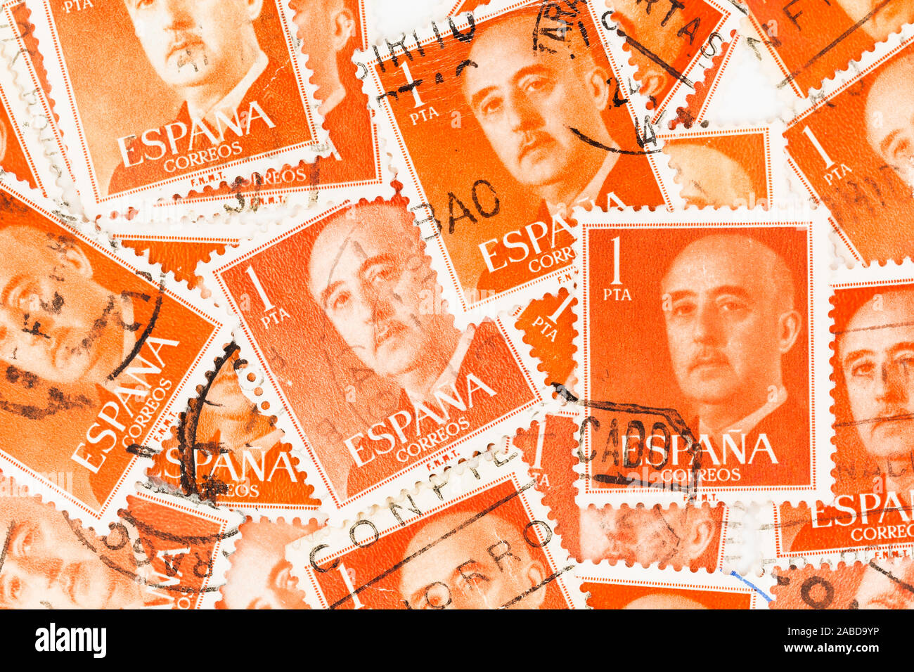 SEATTLE WASHINGTON - November 22, 2019: Orange Spanish General Franco postage stamp  Scott # 825  issued in 1955. Stock Photo