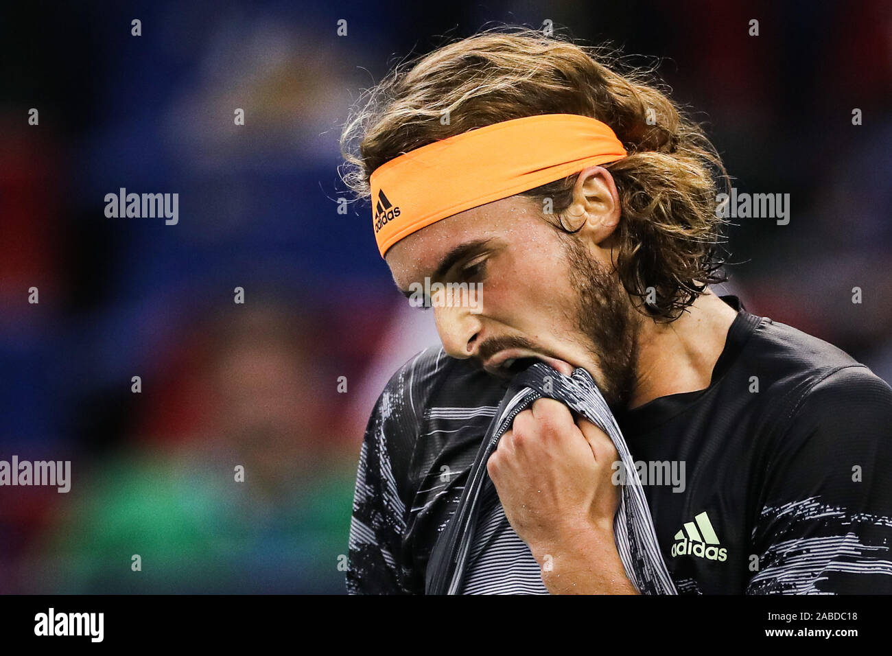 Stefanos Tsitsipas of Greece wipes his sweat while playing against Daniil  Medvedev of Russia during the semifinal of 2019 Rolex Shanghai Masters, in  S Stock Photo - Alamy
