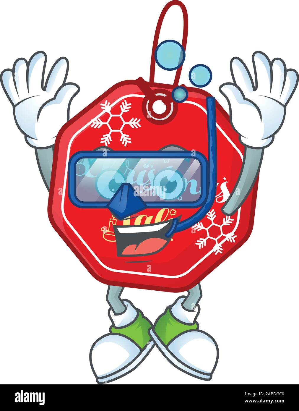 Smiling christmas sale tag cartoon character style wearing Diving glasses Stock Vector