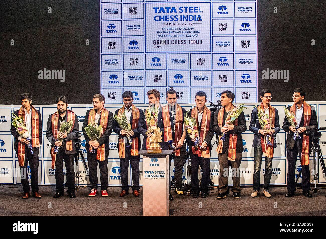 Kolkata, India. 21st Nov, 2019. GM Vidith Gujrathi, Ian Nepomniachtchi,  Viswanathan Anand, Ding Liren, Wesley So, Levon Aronian, Magnus Carlsen,  Hikaru Nakamura, Pentala Harilkrishna and Anish Giri the participating at  Tata steel