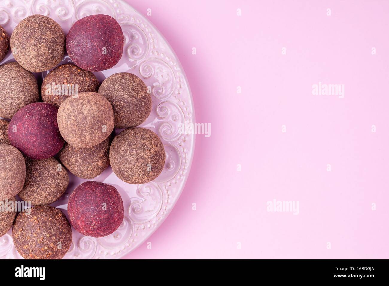 Homemade Raw Vegan Cacao Energy Balls, Healthy Chocolate Candy from Nuts, Dates Stock Photo