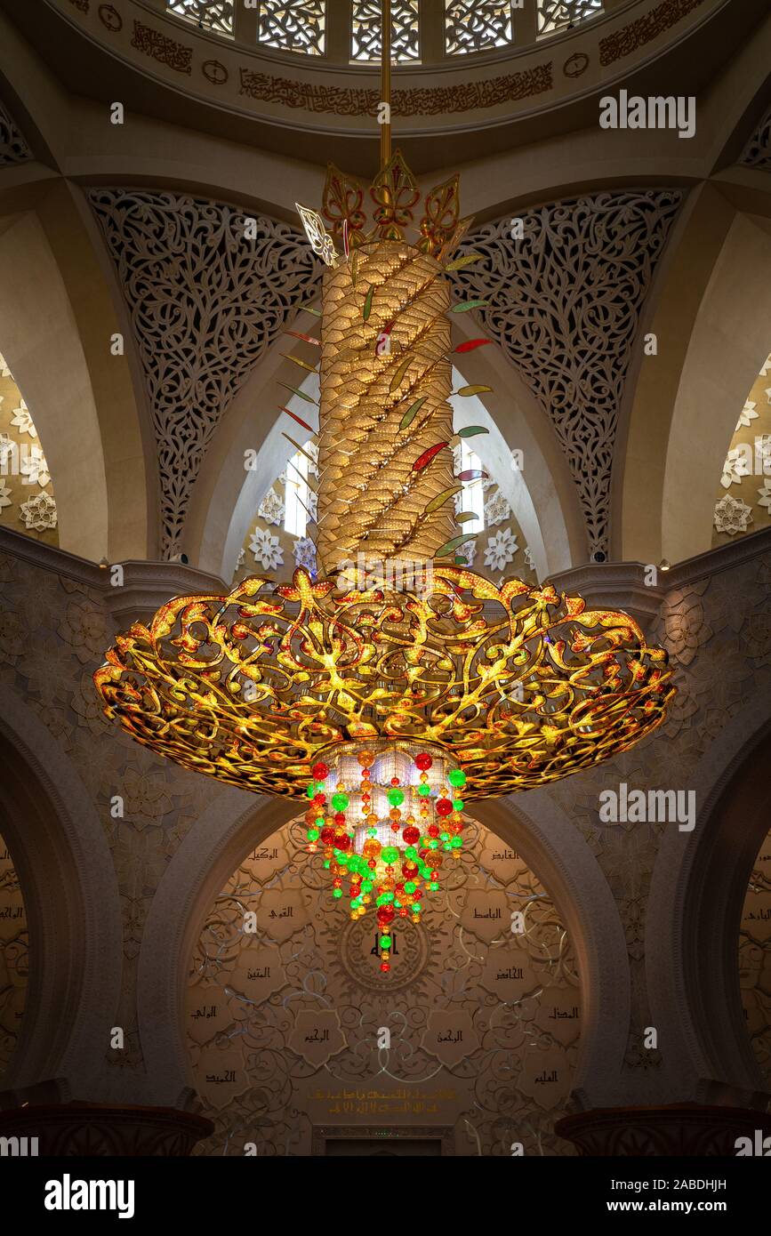Close up of the stunningly colorful chandeliers at the Grand Mosque in