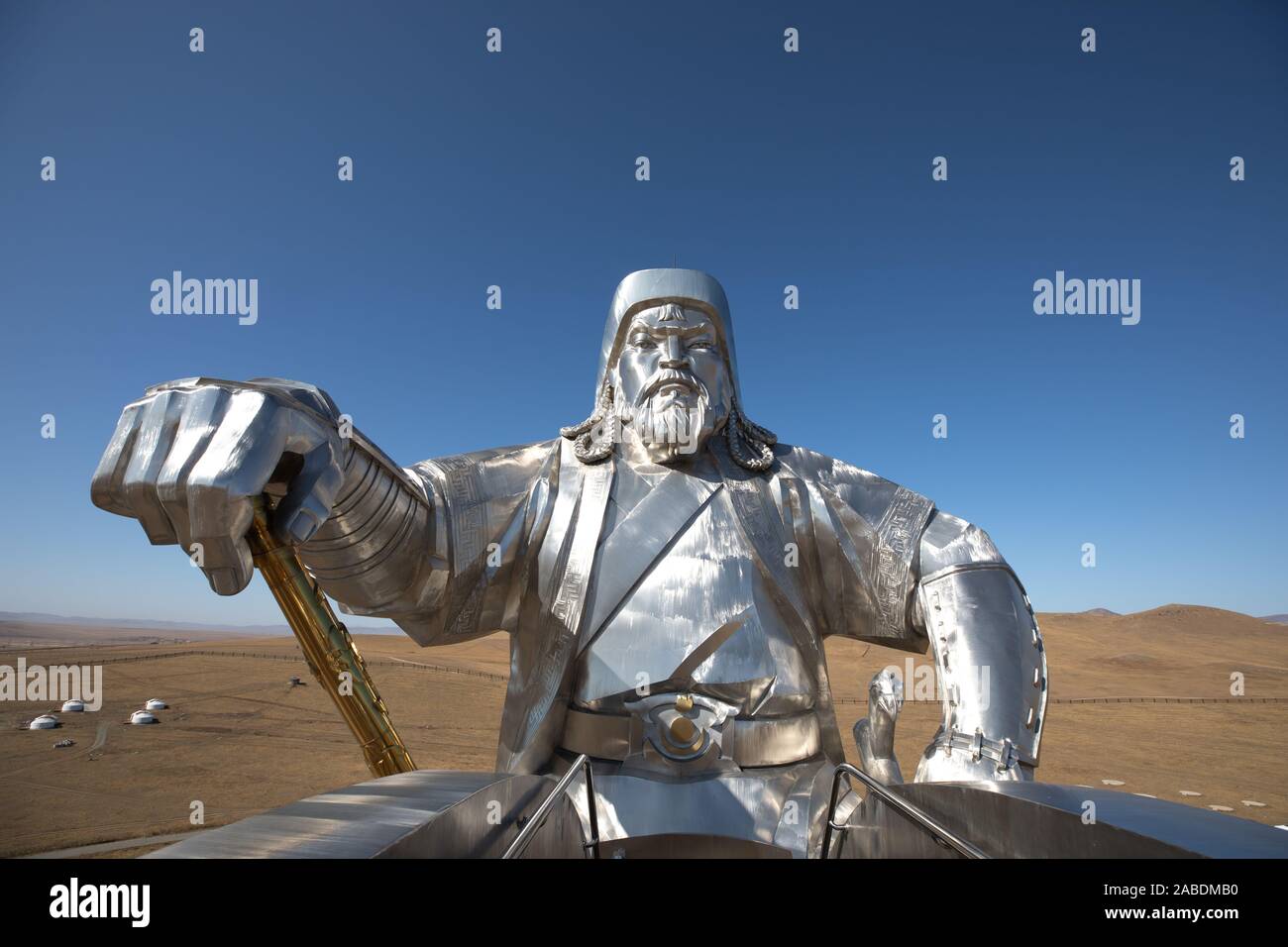 Equestrian statue of Genghis Khan on a sunny day from an aerial view