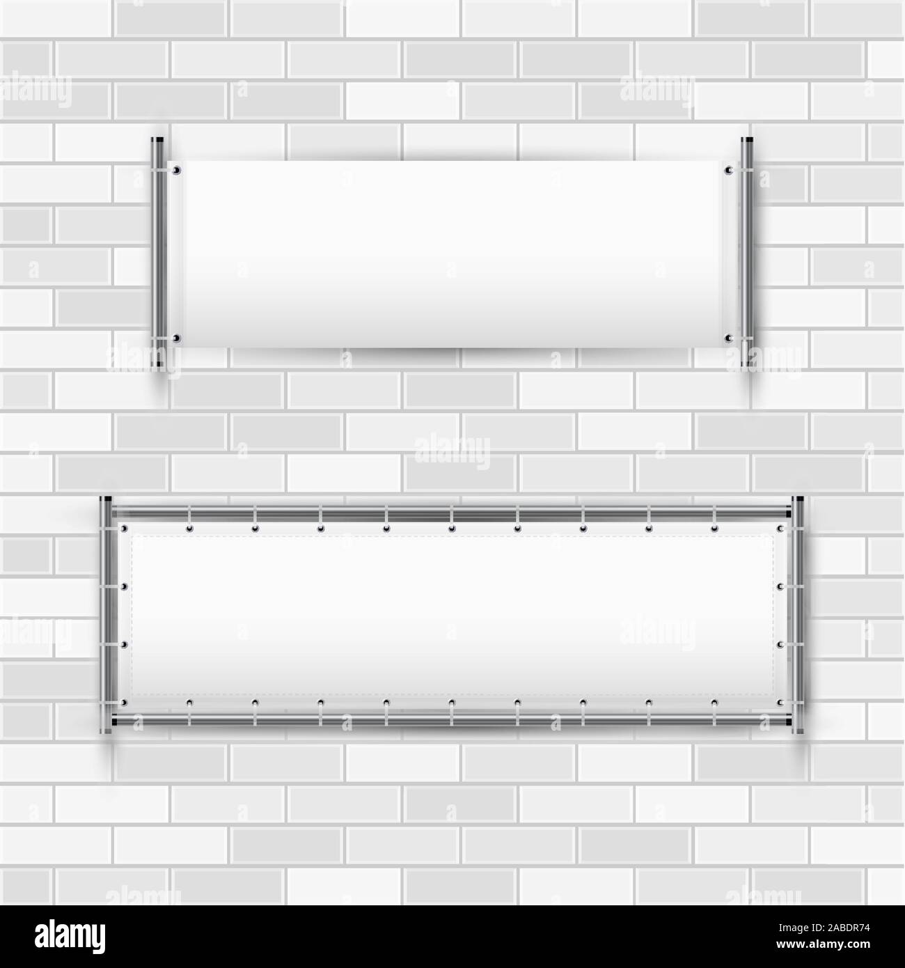 Empty white vinyl banners with grommets hanging on a rigid metal frame. Horizontal blank advertising banners on a white brick wall. Vector illustratio Stock Vector