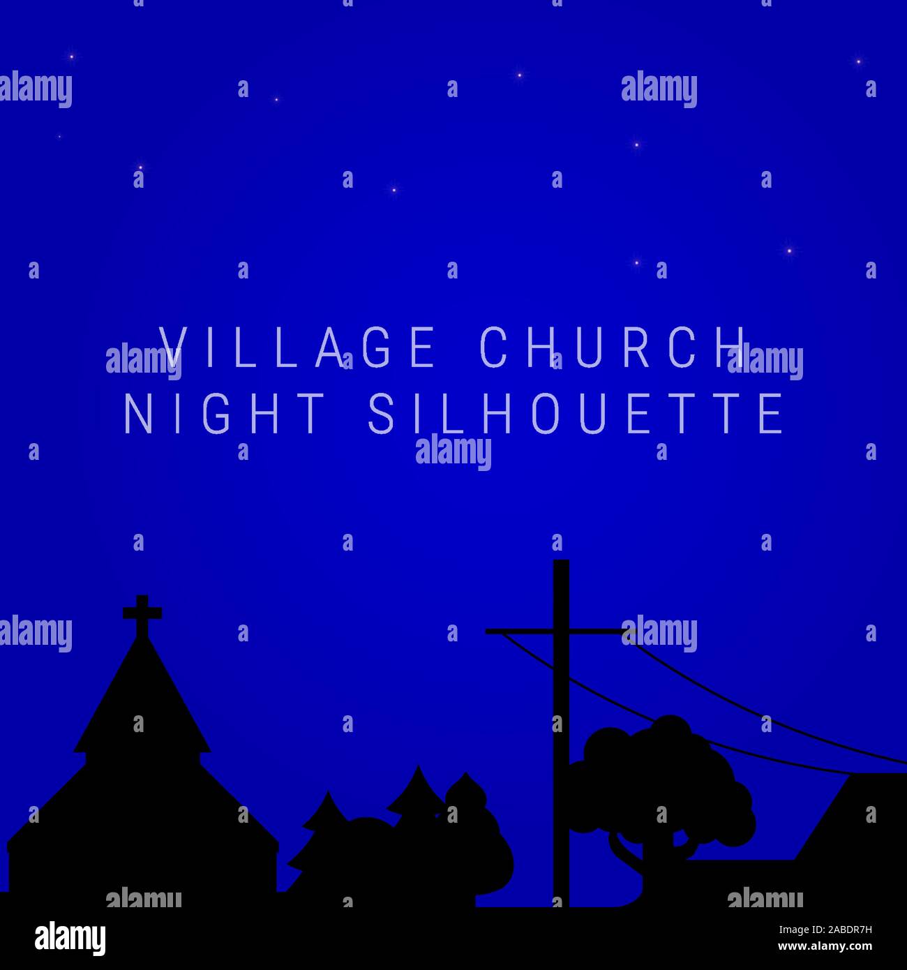 Night village church skyline. Christian village church or meeting house silhouette, trees, electric or telegraph pole. Vector illustration Stock Vector