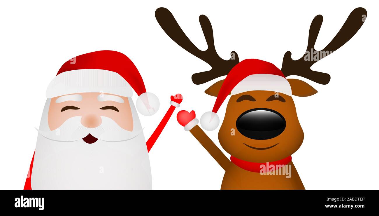 Cartoon funny santa claus and reindeer waving hands isolated on white ...