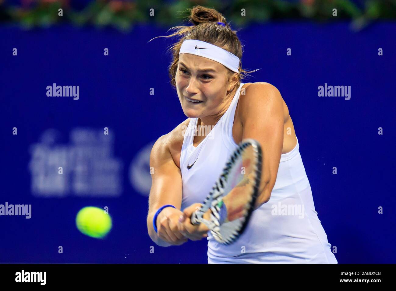 Aryna Sabalenka of Belarus gets the ball against Elise Mertens of