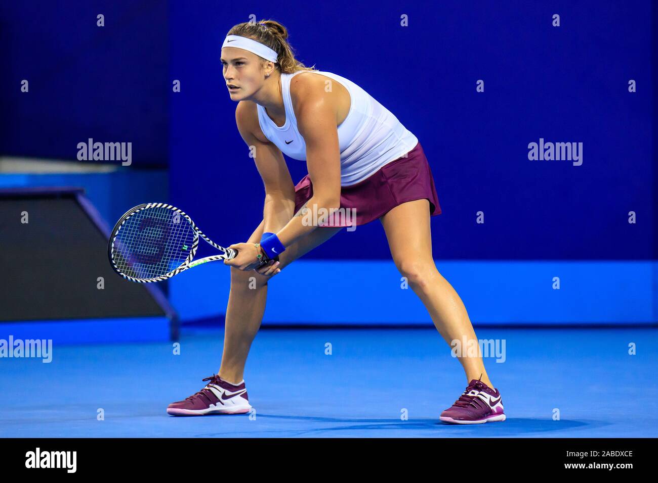 Aryna Sabalenka of Belarus plays against Elise Mertens of Belgium at