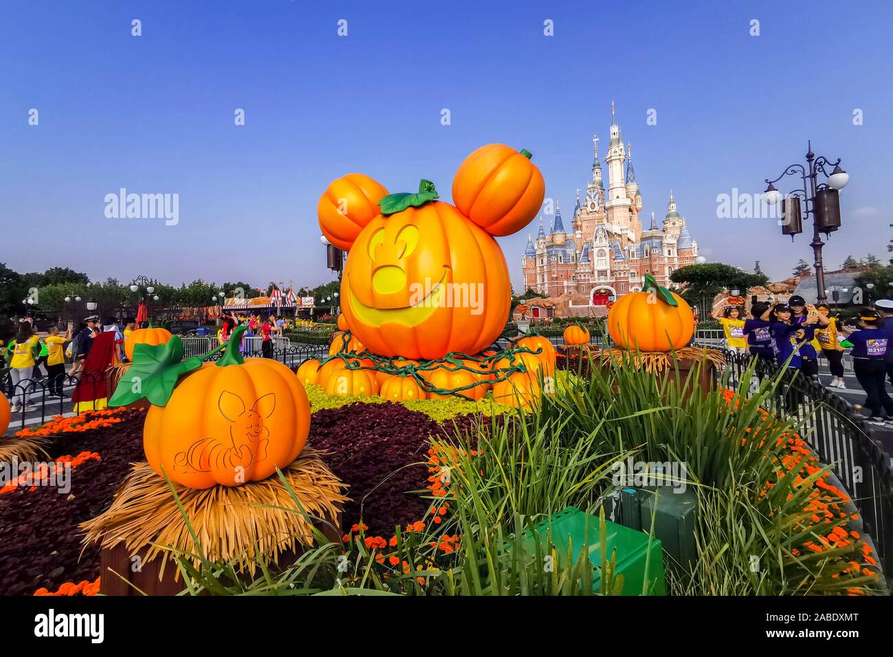 A large Mickey Mouse pumpkin is located on the entrance of Disneyland