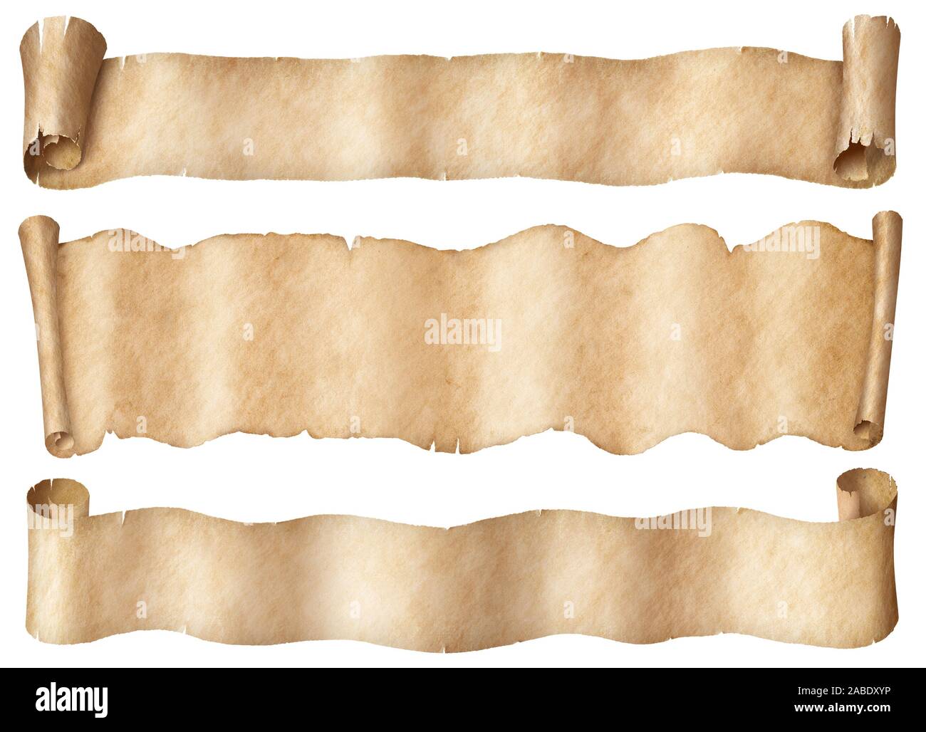 Wide parchment scrolls or old paper banners set isolated Stock Photo
