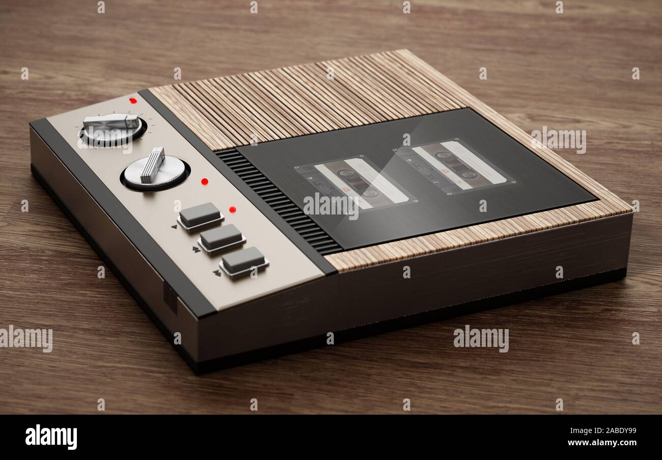 Vintage answering machine standing on wooden table. 3D illustration. Stock Photo