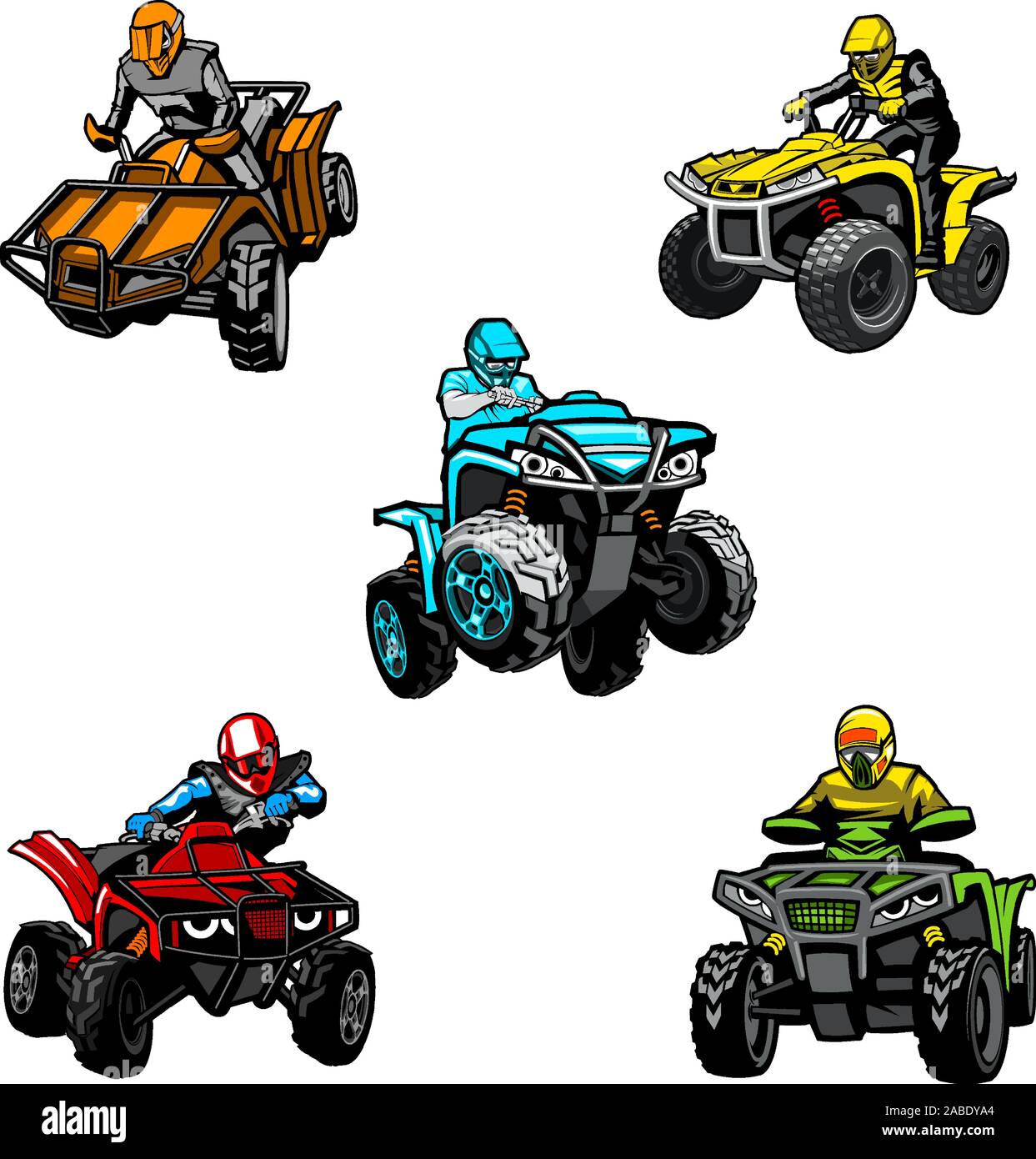 Five full-color quad bikes from different angles, isolated background Stock Vector