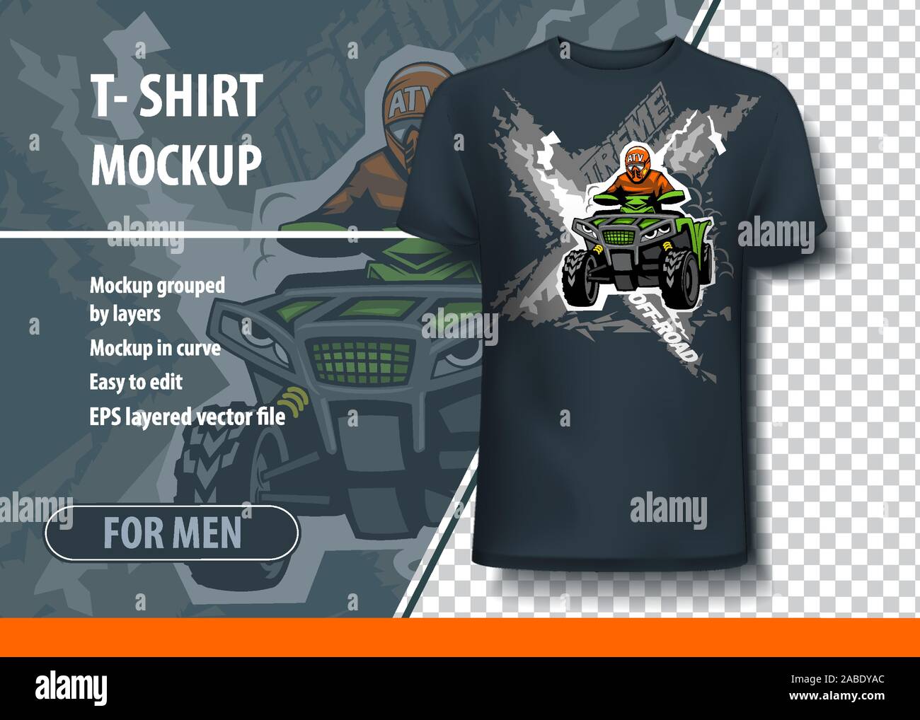 T-shirt mock-up template with Xtreme ATV Quadbike. Editable vector layout Stock Vector