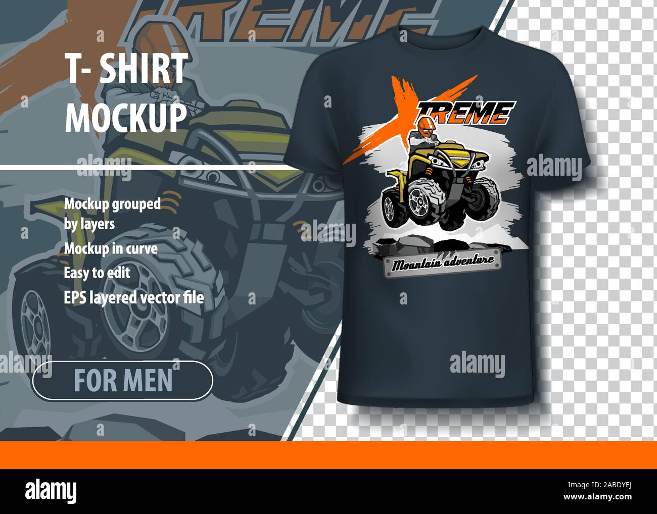 T-shirt mock-up template with Quadbike extreme adventure. Editable vector layout Stock Vector