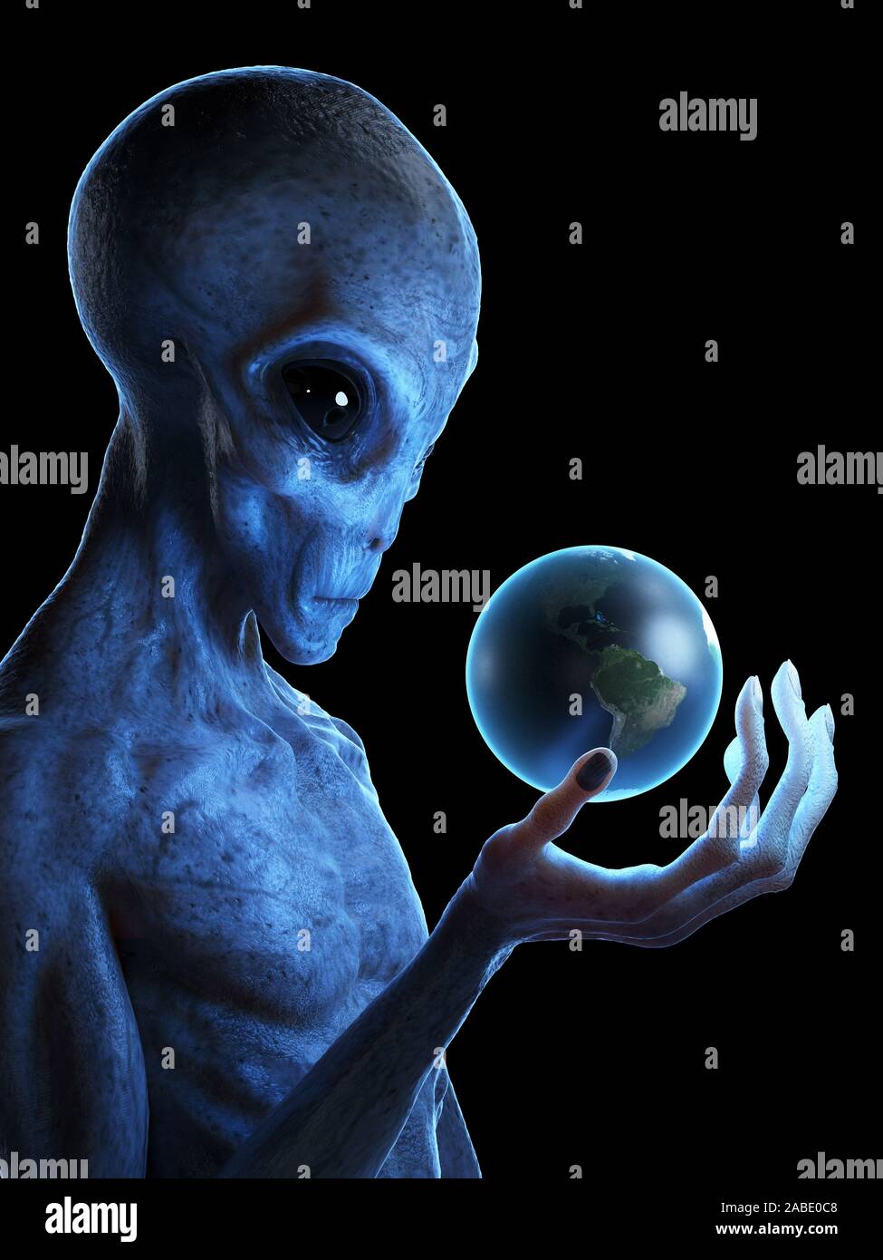 3d rendered medically accurate illustration of a grey alien holding the earth Stock Photo