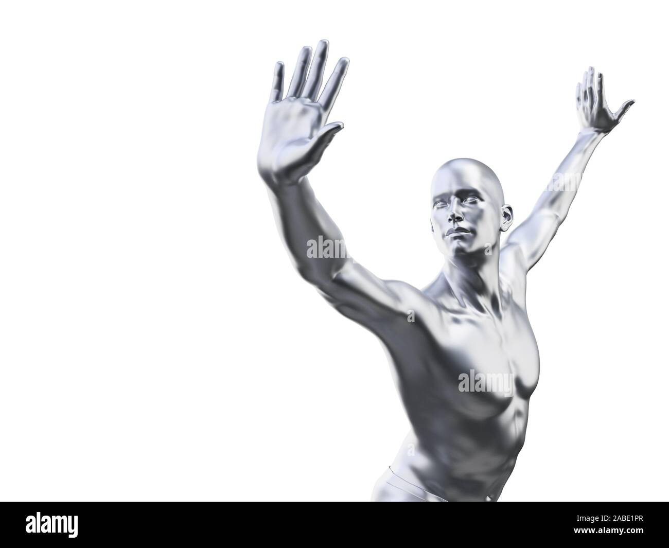 3d rendered illustration of a metal man in defensive pose Stock Photo