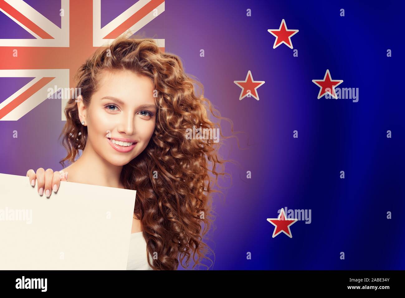 Travel In New Zealand Happy Girl Student With White Banner And