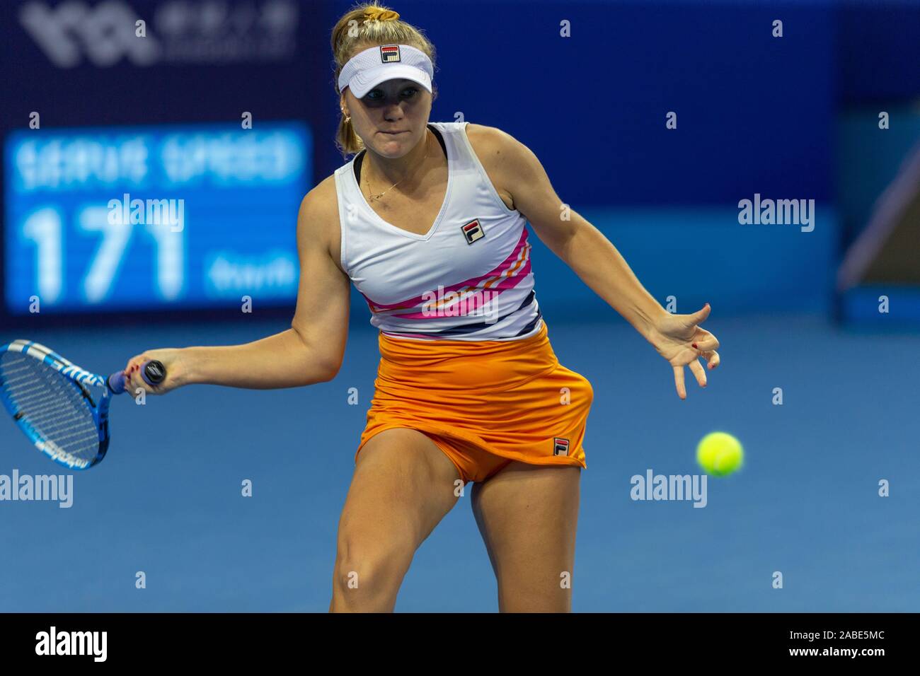 American professional tennis player Sofia Kenin competes against American professional tennis player Alison Riske during the group stage of 2019 WTA E Stock Photo