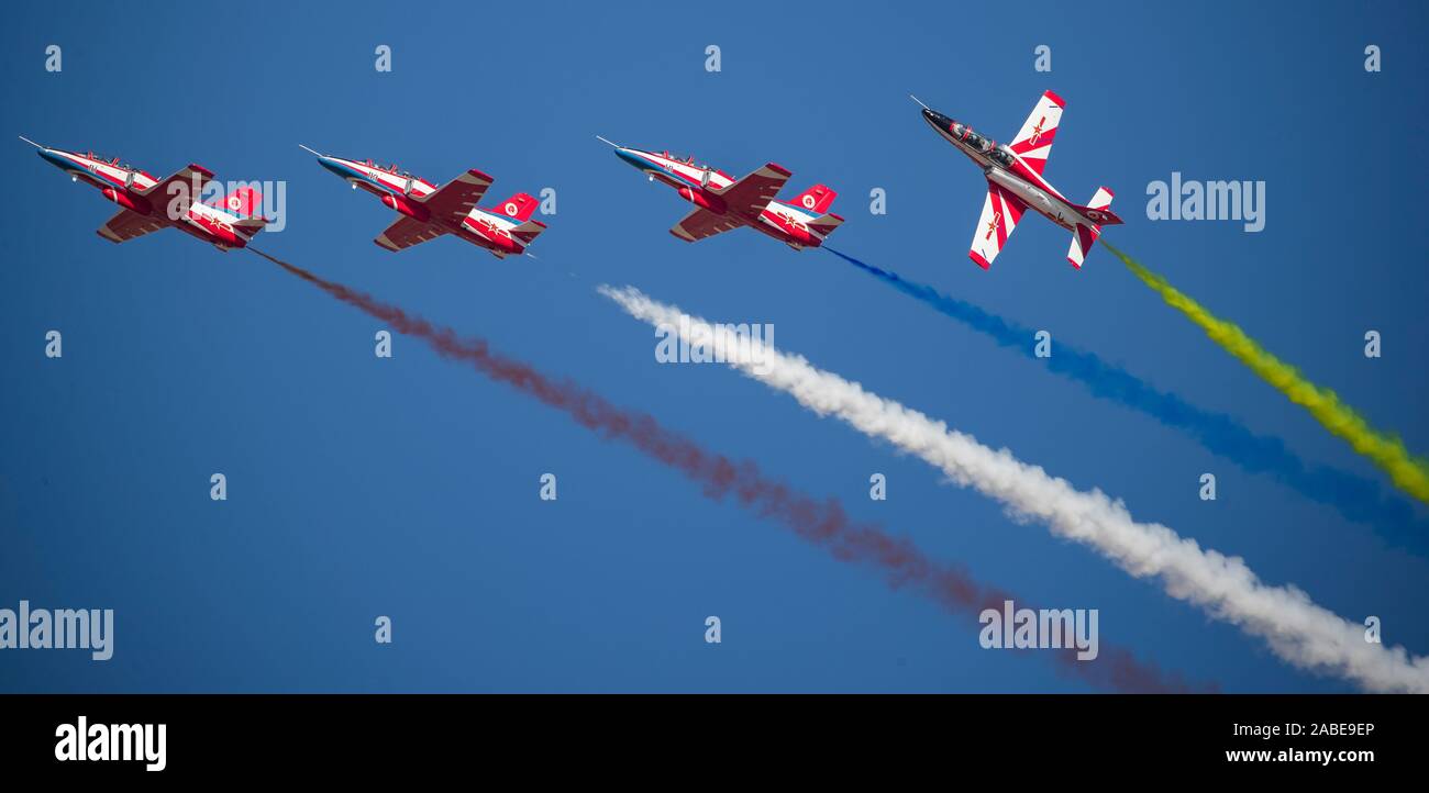 China's PLAAF Red Falcon Air Demonstration Team performes at Aviation Open Day in Tianjin, China, 17 October 2019. Stock Photo