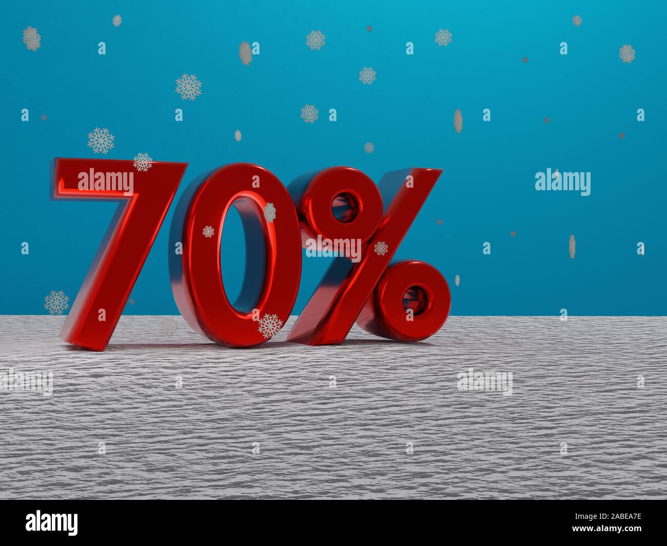 red 70 seventy percent sign in a winter setting with snow and snowflakes falling and blue background - 3d rendering Stock Photo