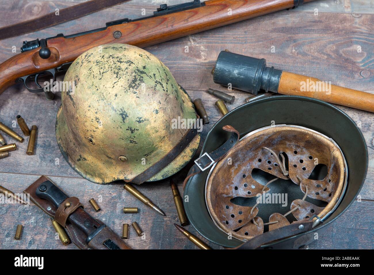 ww2 german army field equipment with helmets and a rifle Stock Photo