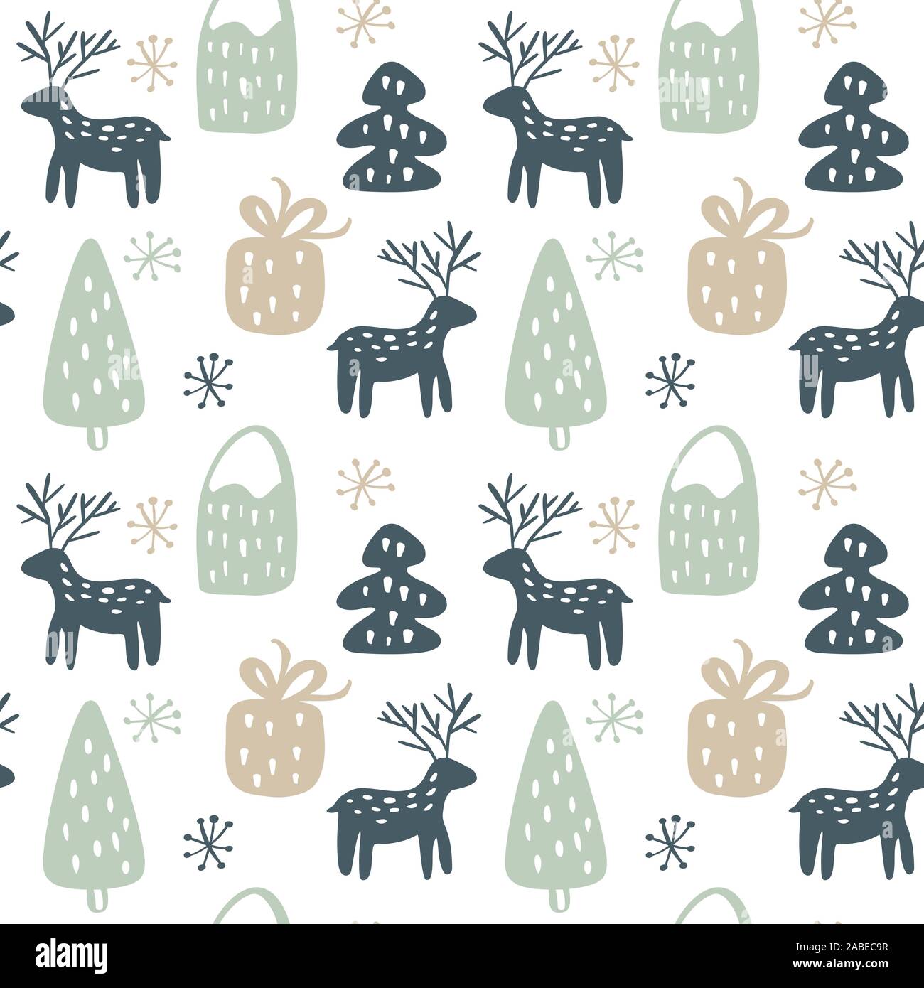 Christmas seamless hand drawn pattern with deer and gift and tree ...
