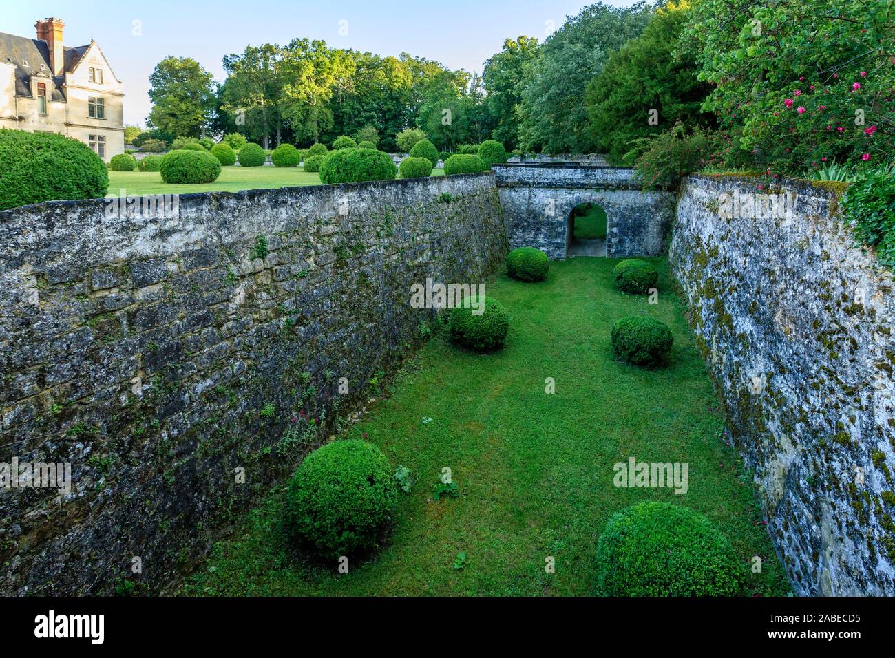 France, Indre et Loire, Loire Valley listed as World Heritage by UNESCO, Montlouis sur Loire, Chateau de la Bourdaisiere park and gardens, moats and b Stock Photo