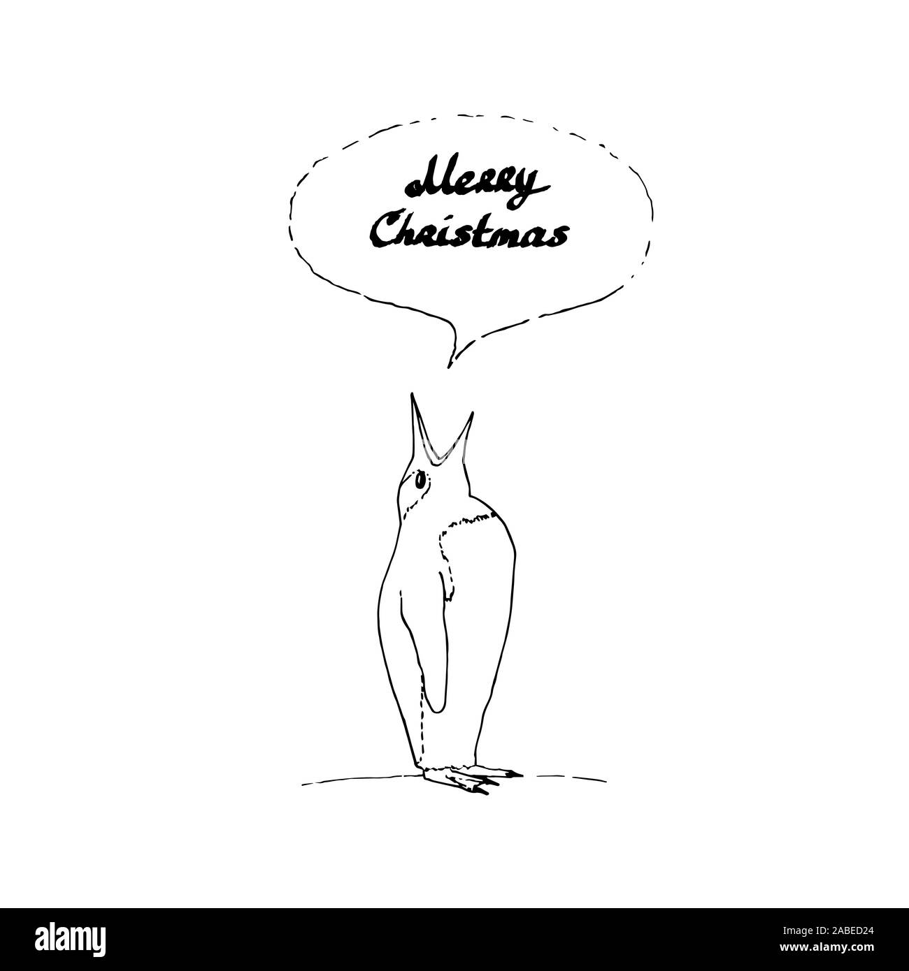 Penguin saying Merry Christmas. Black outline on white background. Picture can be used in greeting cards, posters, flyers, banners, logo, further design etc. Vector illustration. EPS10 Stock Vector