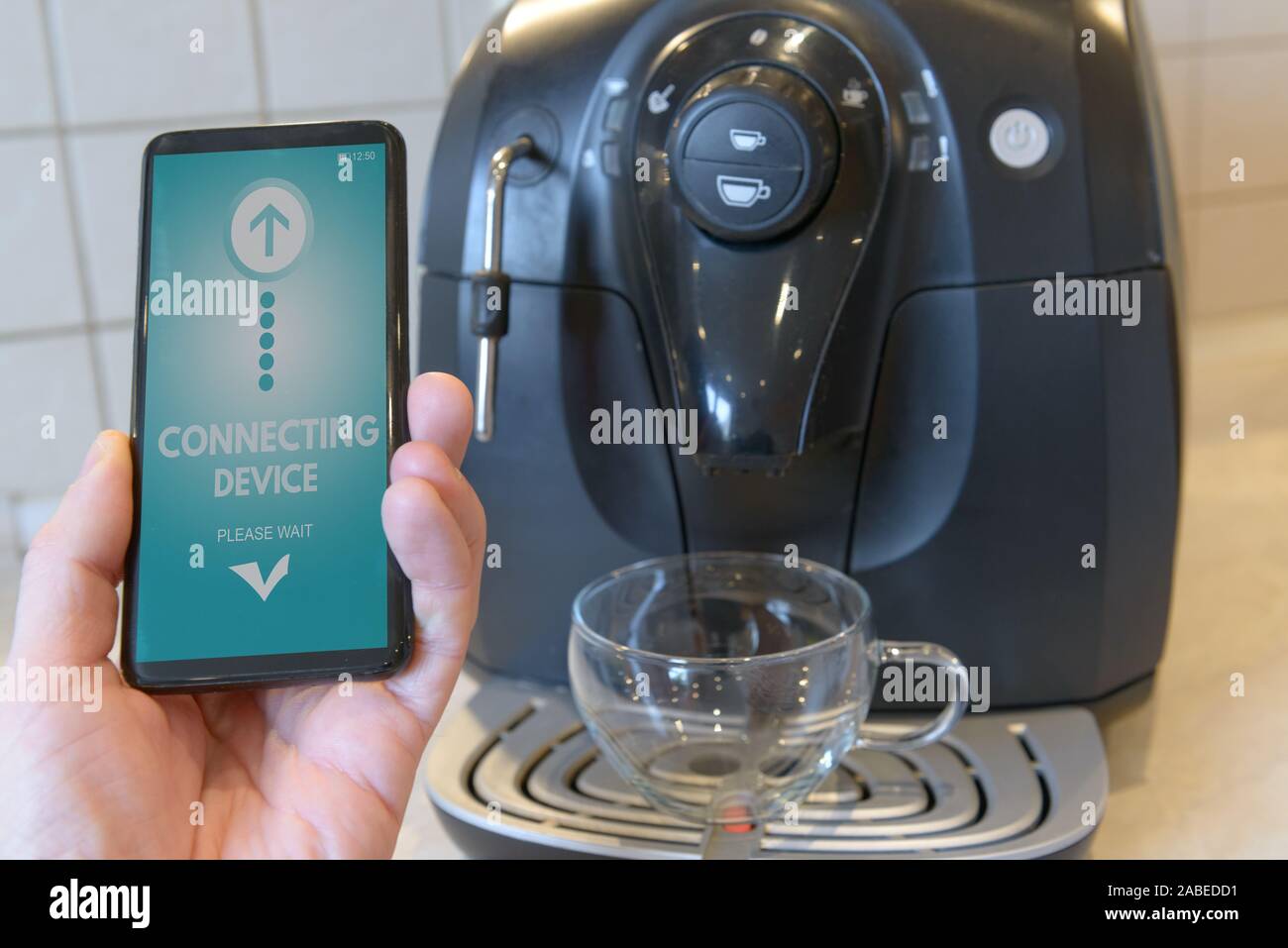 Connecting coffee machine with smart phone. Smart home and of
