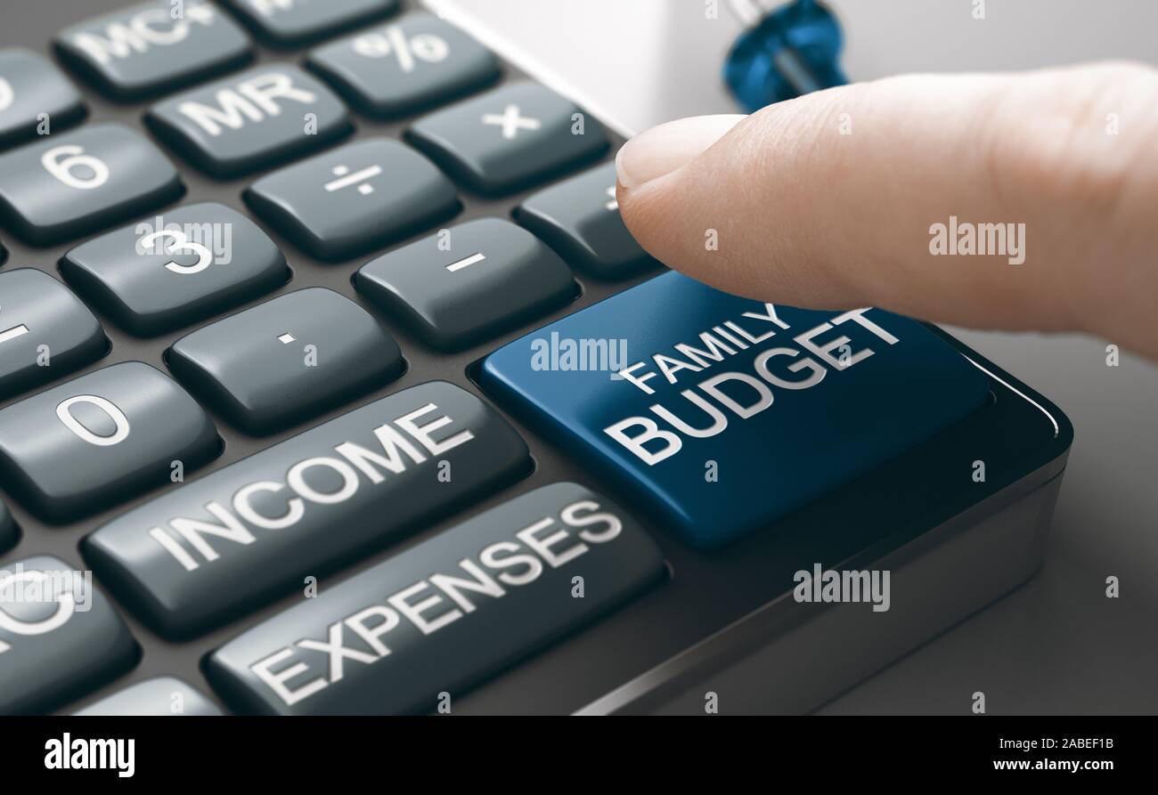 Conceptual calculator with income, expenses and a finger about to press family budget button. Composite image between a hand photography and a 3D back Stock Photo