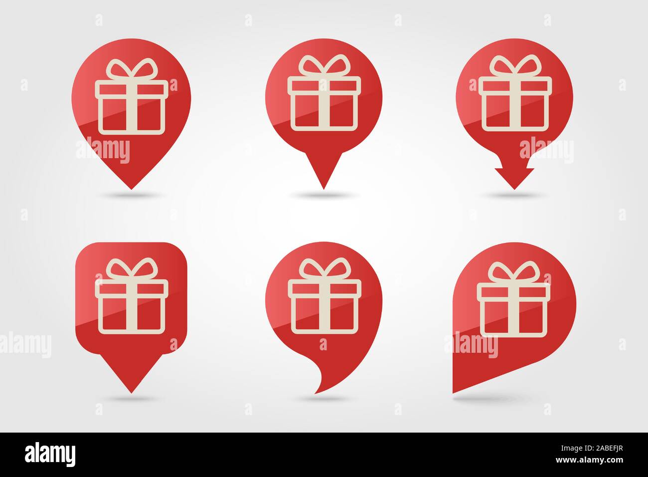 Vector Christmas gift with red ribbon and bow flat pin map icon. Map